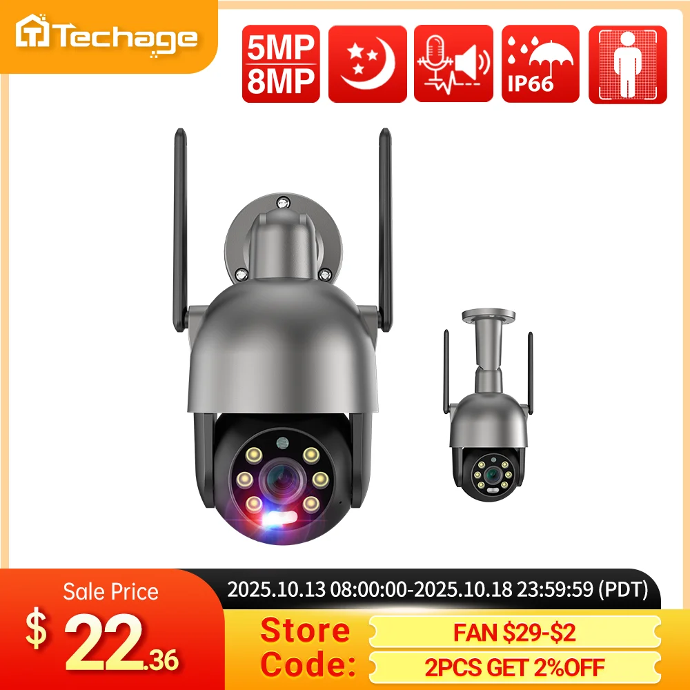 

Techage 4MP PTZ WIFI IP Camera Two-Way Audio Outdoor Wireless CCTV Security Camera Smart AI Human Detection Color Night Vision