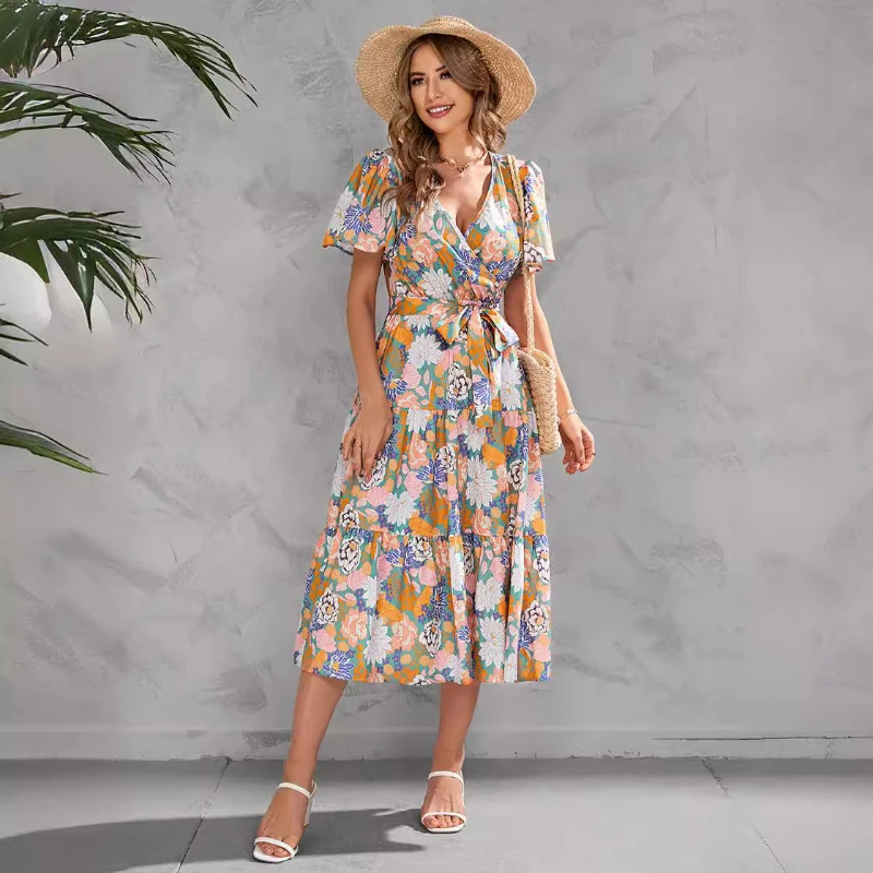 

Ins Bohemia Print Butterfly Sleeve Summer Dress Women Casual V-neck Sashes Ruffles Midi Dress2024 New Female Vintage Party Dress