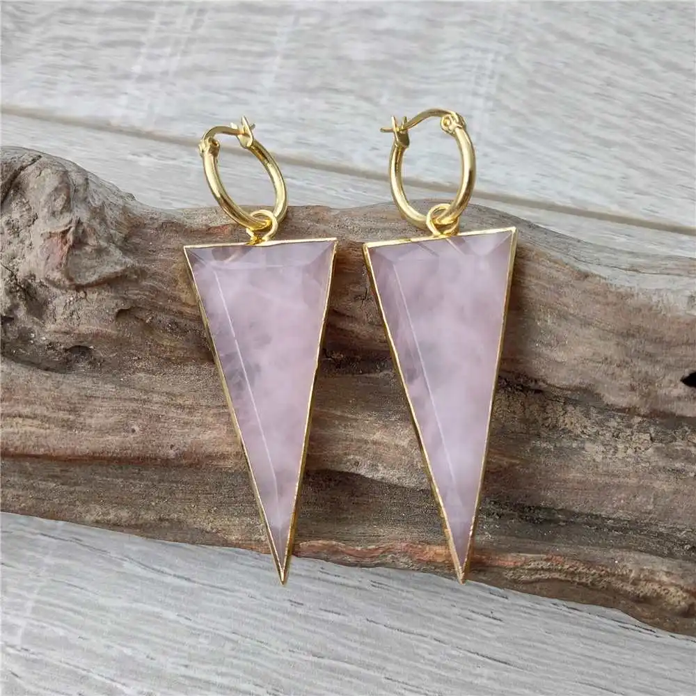 FUWO Carved Triangle Shaped Rose Quartzs Earrings,Gold Color Plated Handmade Natural Pink Crystal Hoop Earring ER426 5Pairs/Lot