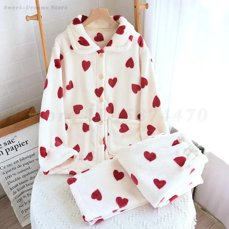 

Thick Flannel Fleece Pajamas Set Winter Sleepwear Sweet Loose Soft Loungewear Suit Nightwear Women Casual Print Home Clothing