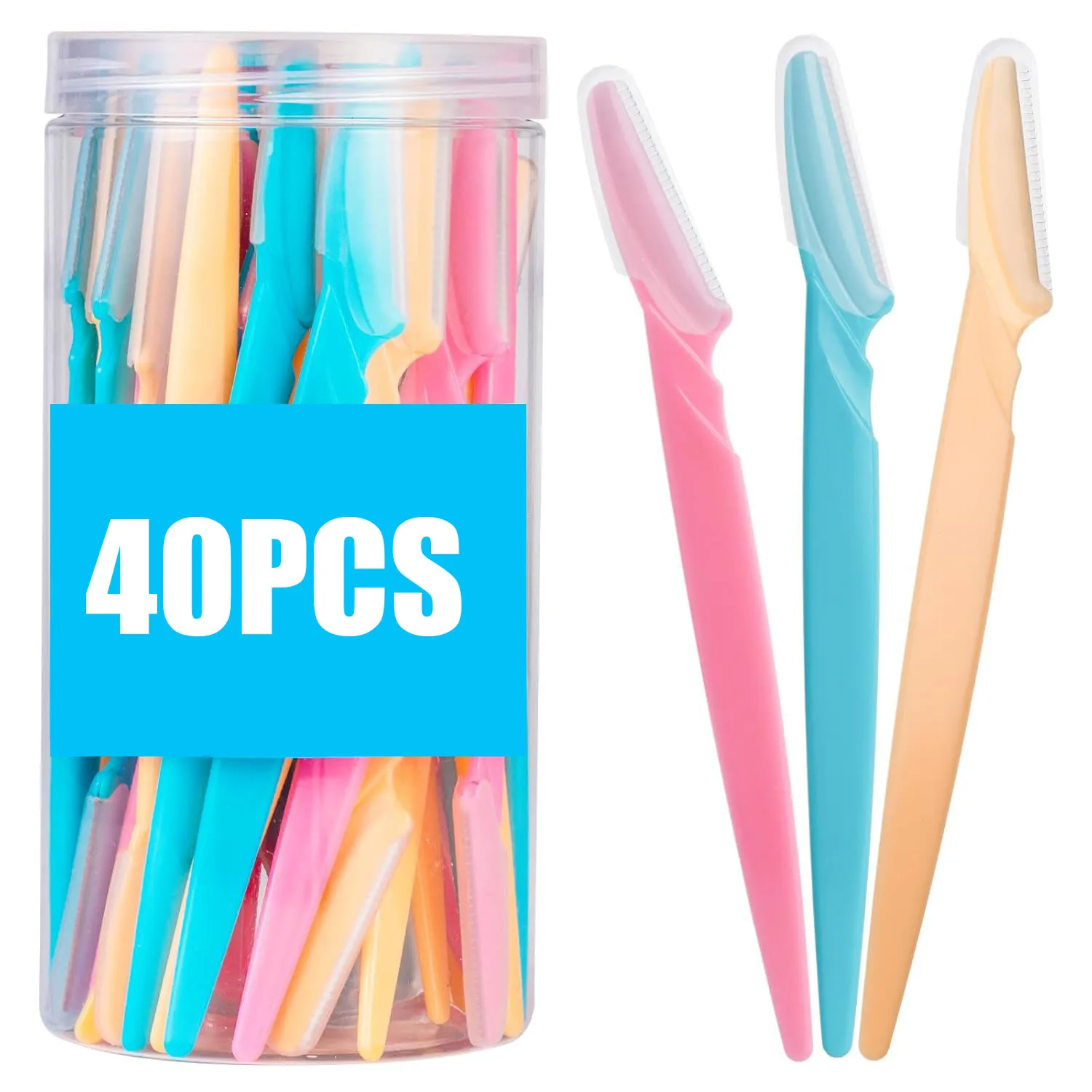 40-Piece Women's Facial Hair Removal Tools, Eyebrow Razor Peach Hair Removal Kit, Stainless Steel Blades with Protective Cover, Facial Hair Removal Razor (Pink+Blue+Yellow)