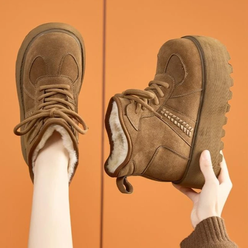 10cm Snow Boots Women Microfiber 2025 Winter New Round Toe Warm Fur Shoes Platform Internal Increase Ladies Boots Handmade