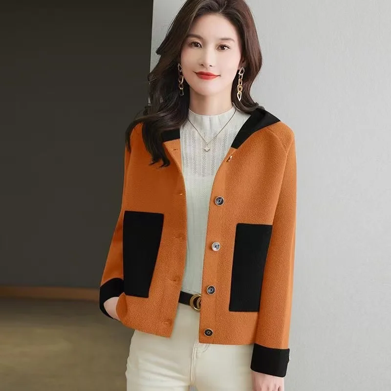 

Весенне-осеннее шерстяное пальто, женское новое короткое пальто 2025 года, модный кардиган с капюшоном, пальто с подходящим по цвету, женские топы