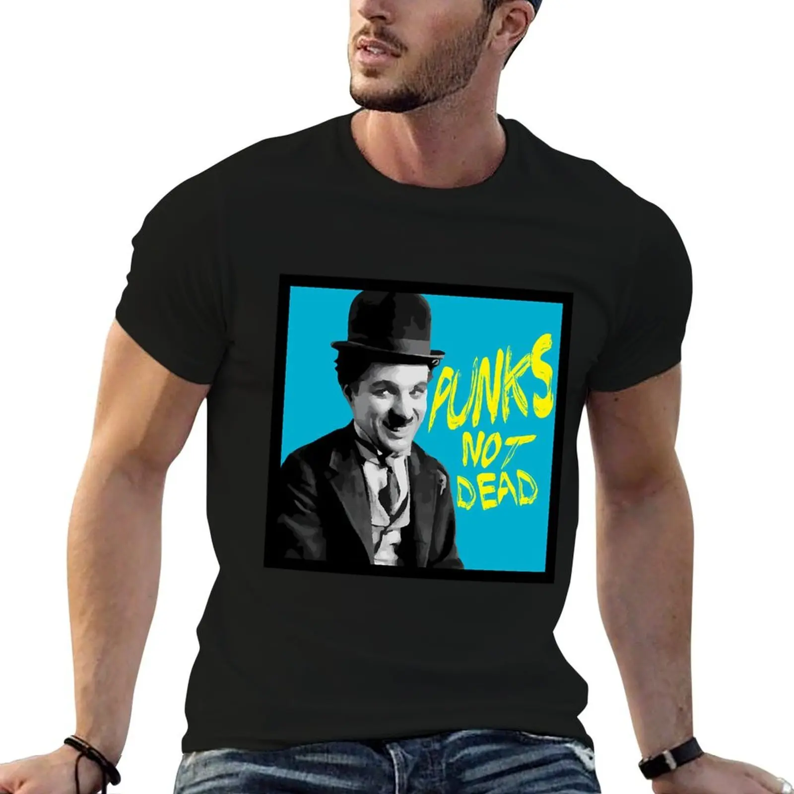 Punks not Dead Charlie Chaplin Typographic Illustration T-Shirt plus size tops sweat mens graphic t-shirts funny