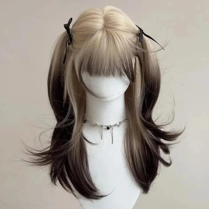 Synthetic Long Straight Blonde Gradient Wig With Bangs For Woman Cosplay Lolita Party Fake Hair