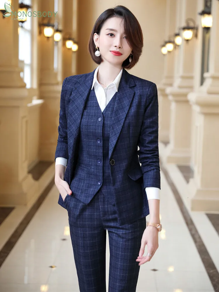 

2023 Fashion Plaid Pant Suits Women Elegant 3 Piece Set Office Lady Trousers Vest Blazer Sets Business Work Wear Uniform Outfits