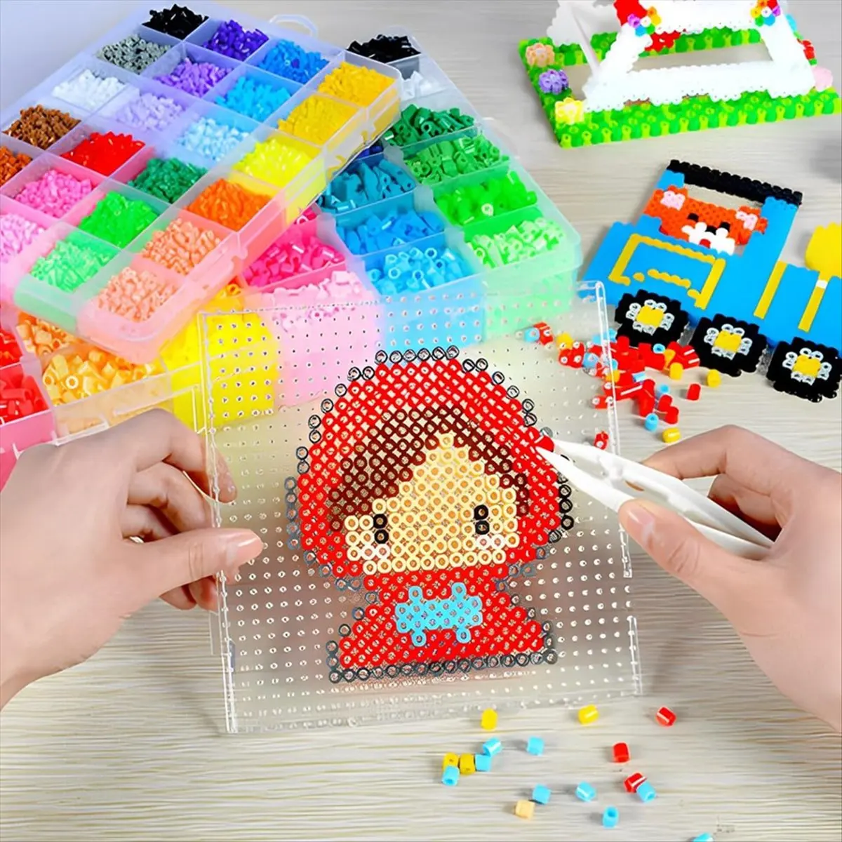DT762 TRENDY~Fuse Beads Pegboards Boards, Fuse Bead Boards Large Clear Pegboards with Paper-and Beads Tweezers, Key Ring for DIY