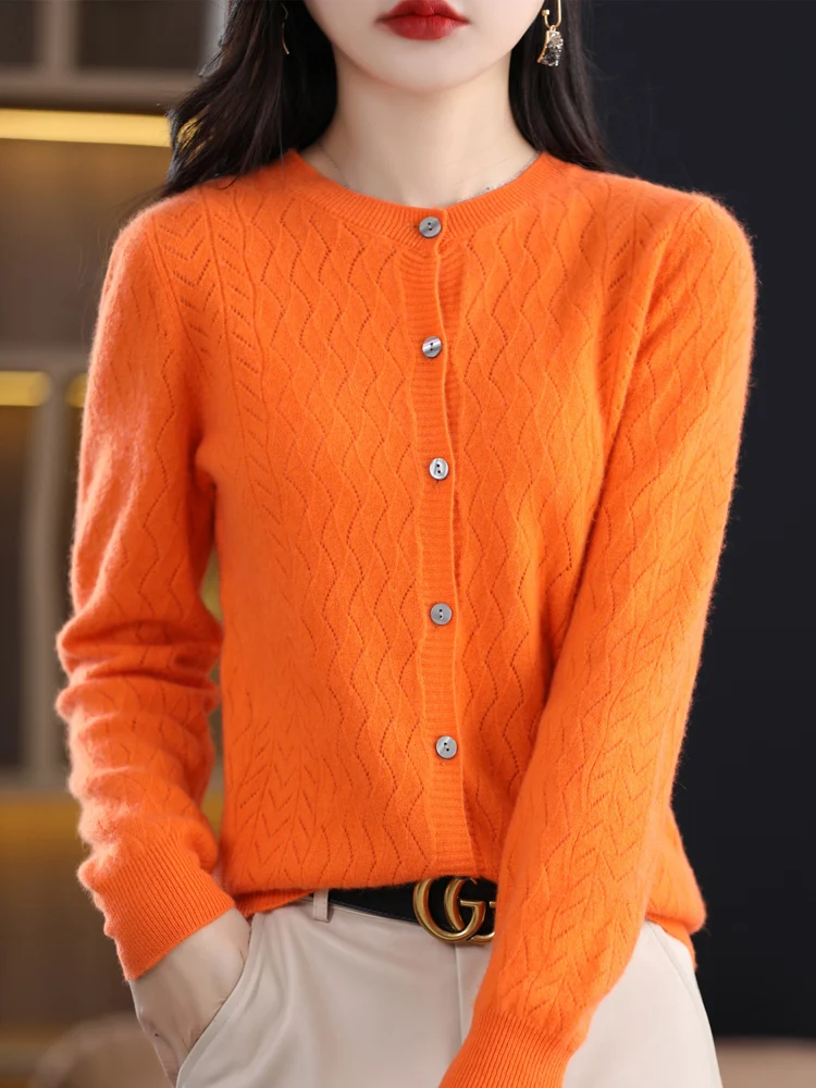 New 100% Merino Wool Sweater Women Cashmere Cardigan O-neck Hollow Out Wave Cut Knitwear Grace Fashion Comfortable Clothing Tops