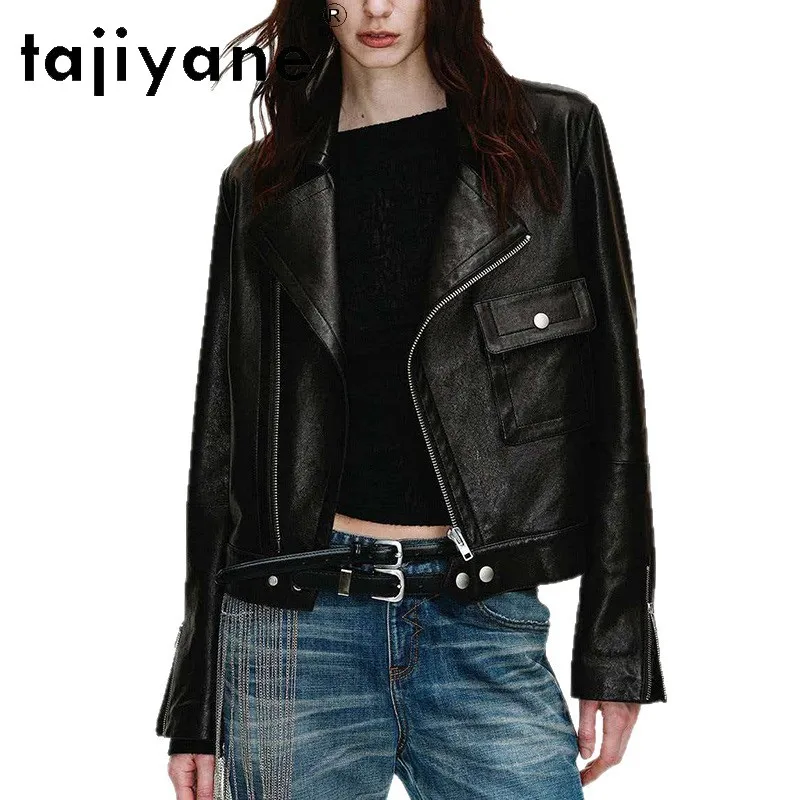 TAJIYANE Retro Leather Coat Black Genuine Leather Jacket Women Full Vegetable Tanned Sheepskin Jackets Slim Fit Outwear Short
