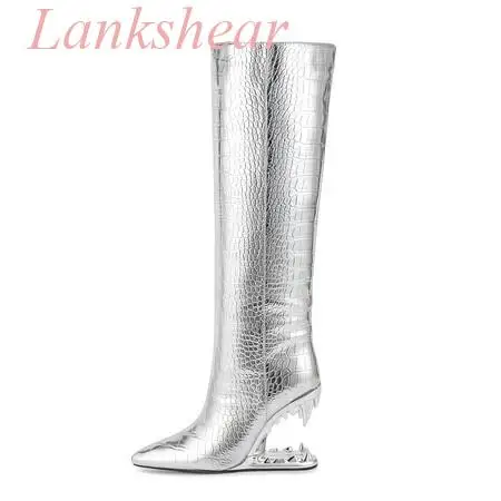 Women's Silver Pointed Toe Knee High Long Boots High Wedge Strange Heels Alligator Pattern Fashion Party Shoes