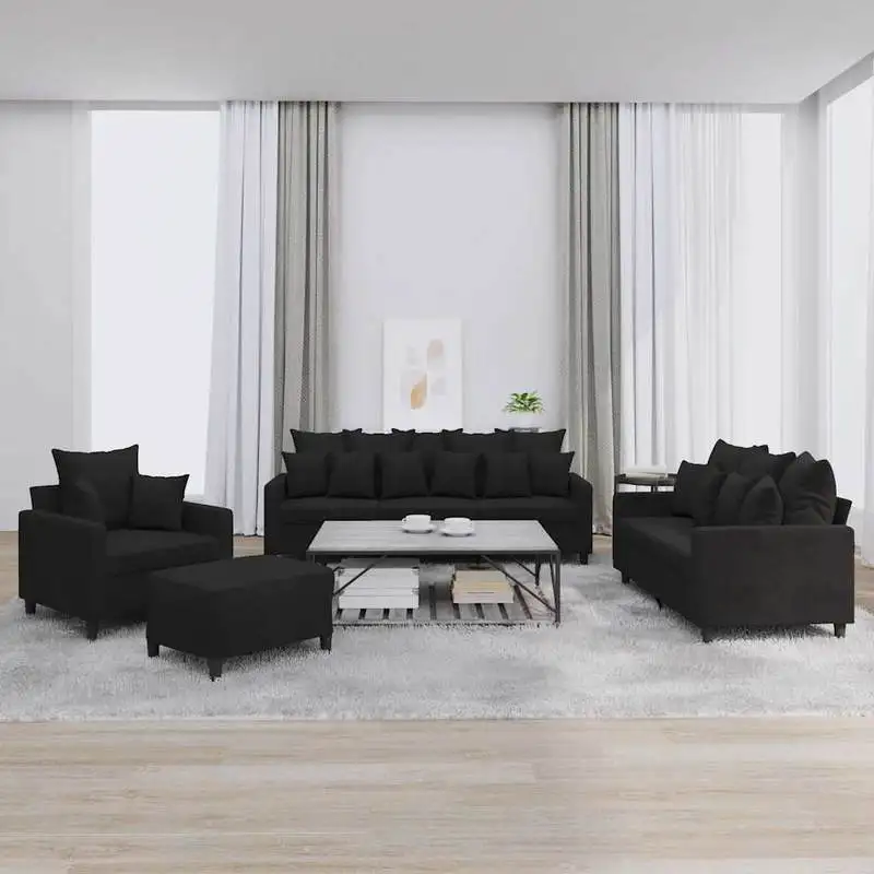 Schwarzes Samt-Sofa-Set mit 4 Teilen und Abnehmbaren Kissen, Hochwertig, Pflegeleicht, Komfortable Wohnzimmermöbel