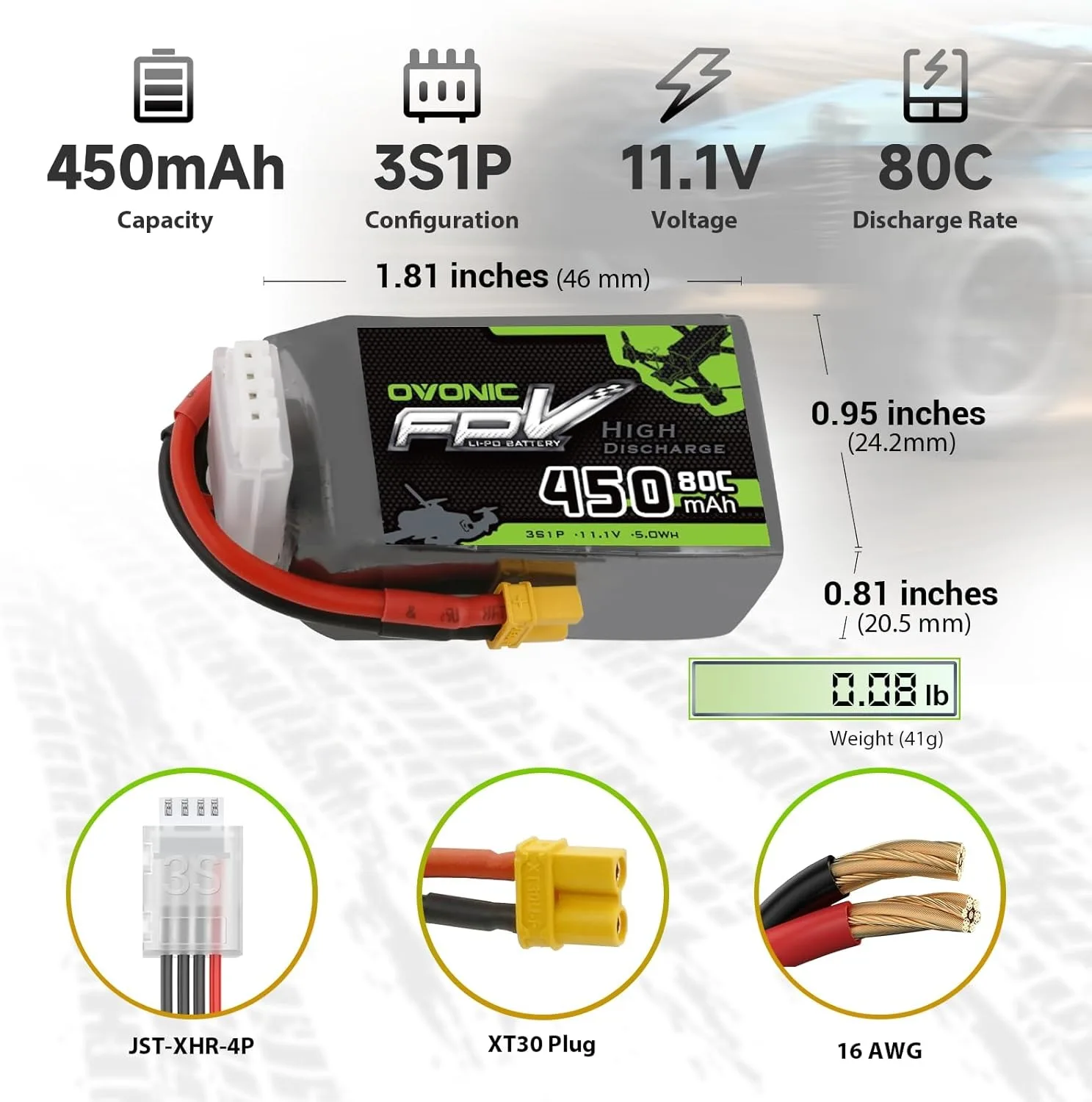 Ovonic 3S LiPo Battery 11.1V 450mAh 80C, XT30 Plug FPV Battery for 80-130mm Micro FPV Drone