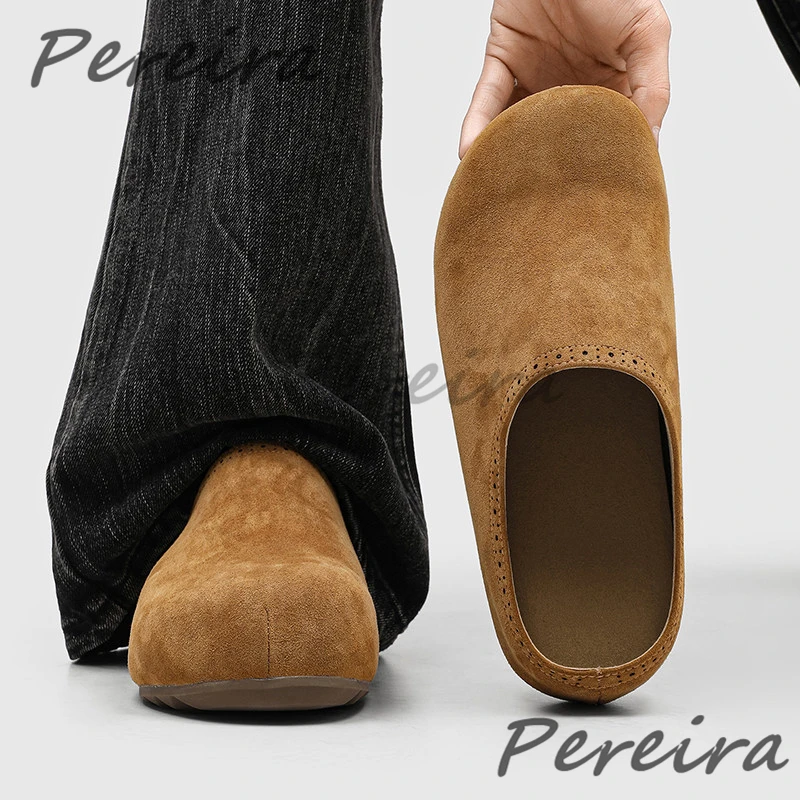 Summer Retro Men's Flat Shoes Trendy Suede Big Round Toe Thick Soled Slip On Half Slippers Mules Indoor Outdoor Casual Shoes