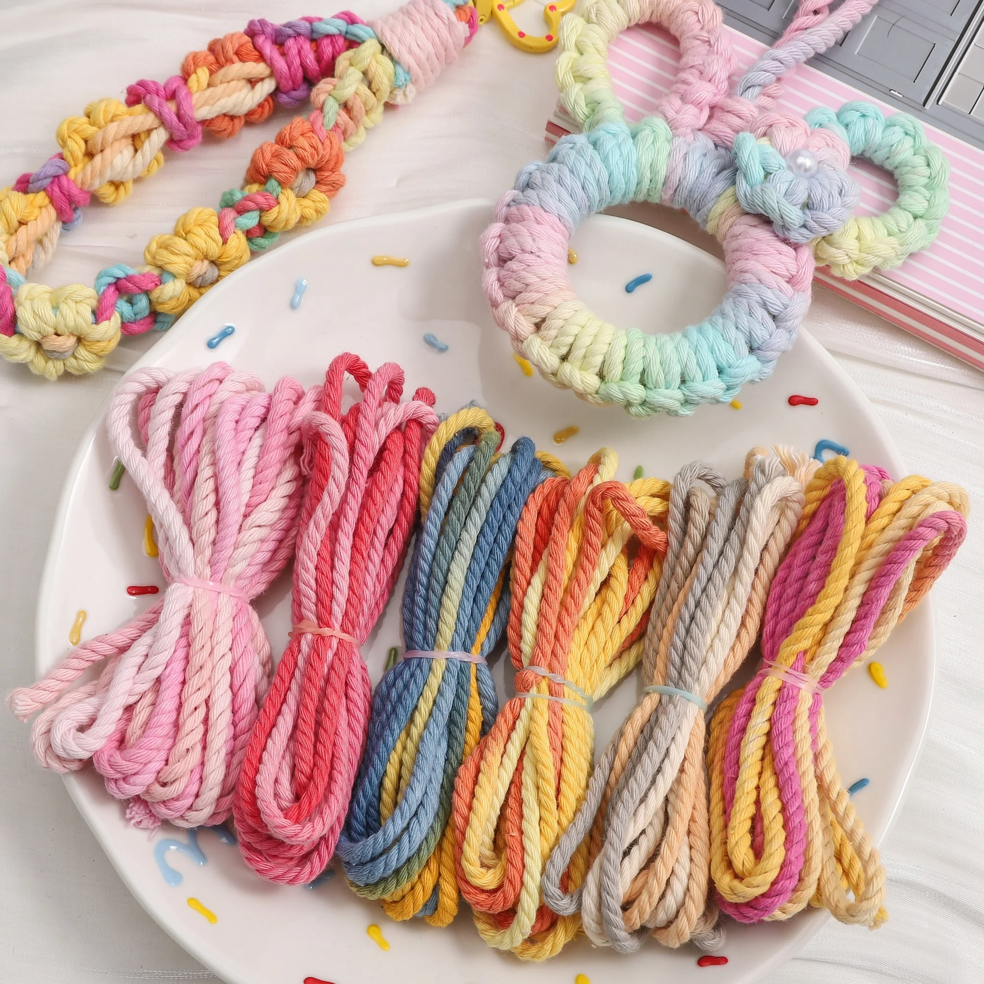 3.5mm*3M/bag High Quality Gradient Color 3-Strand Woven Cotton Rope DIY Craft Cord for Pendant Keychain Sewing Home Decoration
