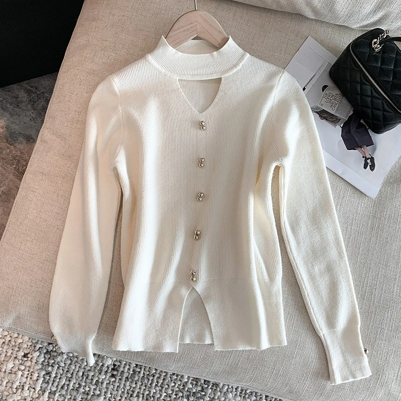 Séoulish automne hiver évider col en v femmes chandails tricotés à manches longues 2025 nouveau décontracté col rond pull hauts courts femme