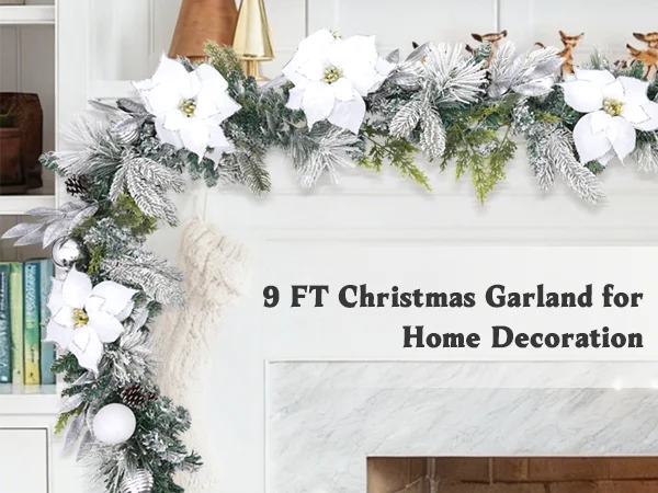 

9ft Pre-Lit Christmas Garland Adorned with White Florals, Orbs & Pine Cones 100 Battery-Operated LEDs for Indoor or Outdoor Di