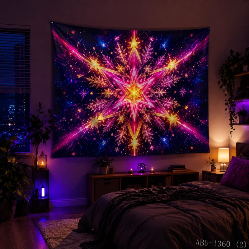 VIKAMA Neon Pink Gold Octagram Star Snowflake Mandala Radiant Starry Art Christmas Tapestry Bedroom Living Room Dorm Home Decor