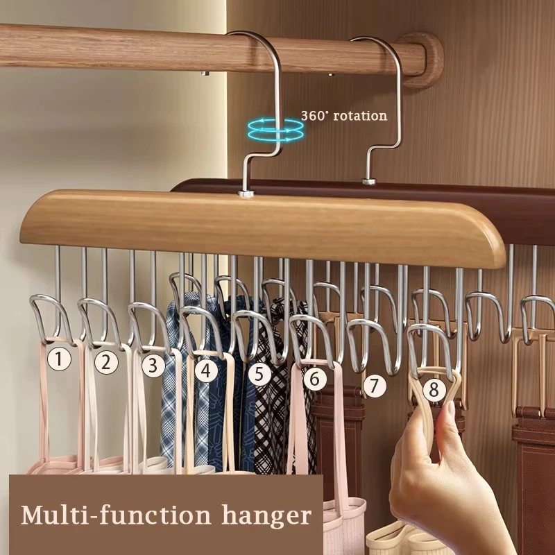 Solid Wood 8 Hook Belt Hanger Organizer Women Storage Bra Underwear Vest Tie Clothes Hanger Wardrobe Men Belt Organizer Hook