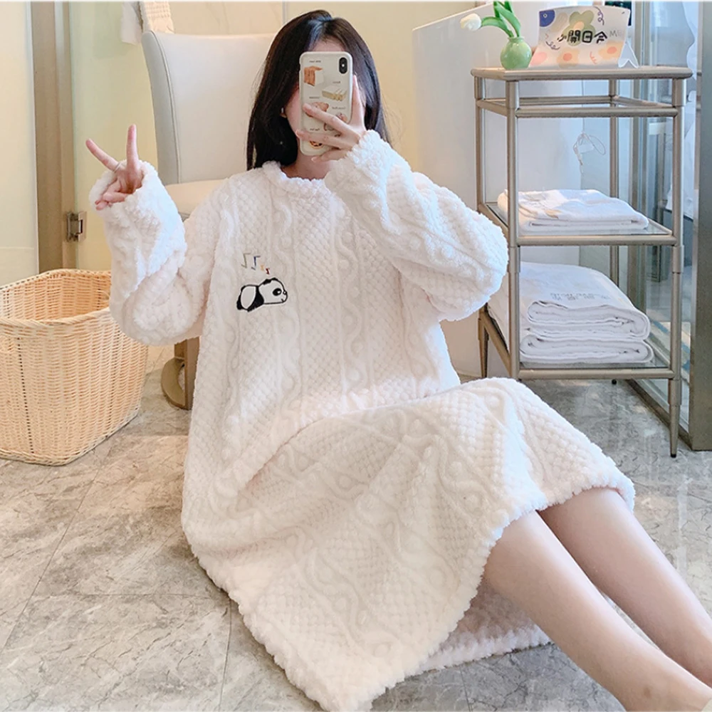 

Winter Coral Velvet Pajamas Set Sleepwear Skirt for Women Cartoon Panda Homewear Cute Warm Nightdresses Women Pajamas Loungewear