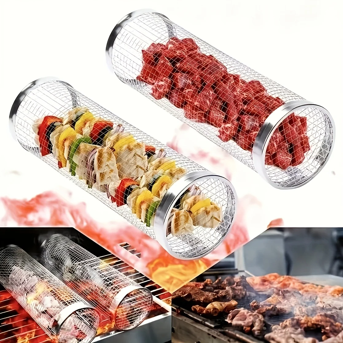 3-teiliges Set (Grillkäfig + Grillgabel + Haken), verpacktes Edelstahl-BBQ-Grill-Set, Mehrzweck-Camping-Grill-Zubehör