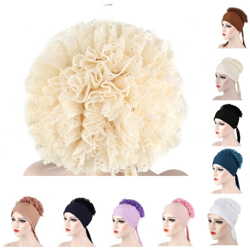 Fashipn Turban muzułmański czapka jednokolorowa koronka afryka Pan kapelusz z kwiatem arabskie indie Hijabs Bonnet kobiety Wrap Head Turbante Headtie