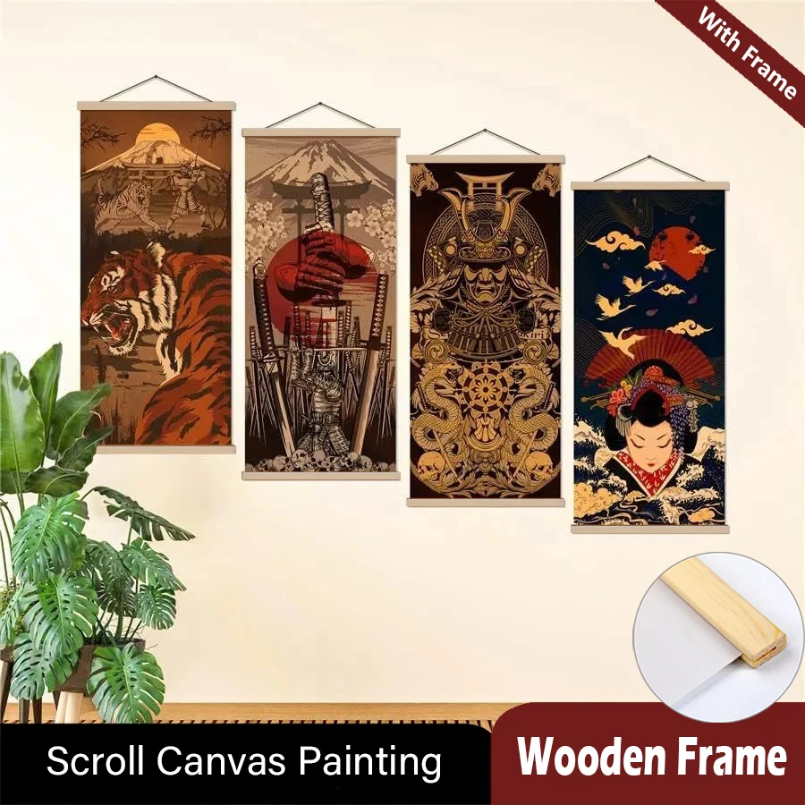 

Wood Hanging Scroll Painting Japanese Ukiyo Set Samurai Geisha Mount Fuji & Tiger Canvas Wall Decor for Tattoo Bar Restaurant