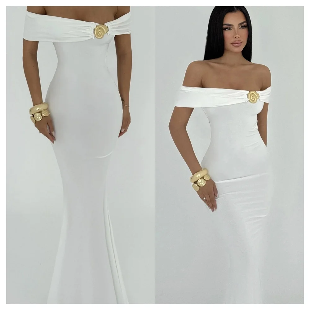 تخصيص بسيط الأبيض جيرسي مساء اللباس الحديث قارب الرقبة قبالة الكتف أكمام حزب اللباس مزاجه ثوب المشاهير