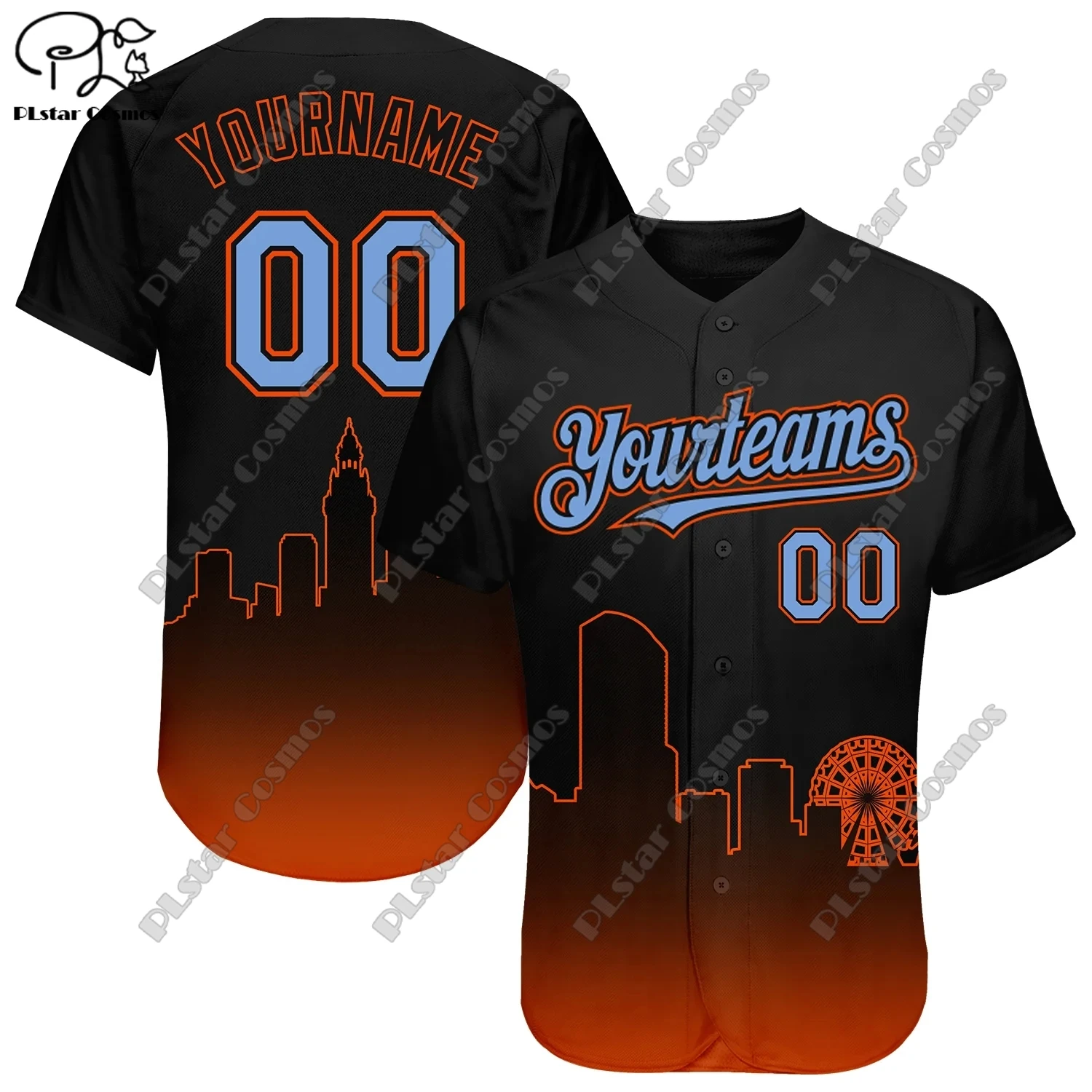 Unisex 3D impressão Baseball Camisas, Nome personalizado, preto, vermelho, cinza, Cidade Silhueta, Gradiente Fade, Moda