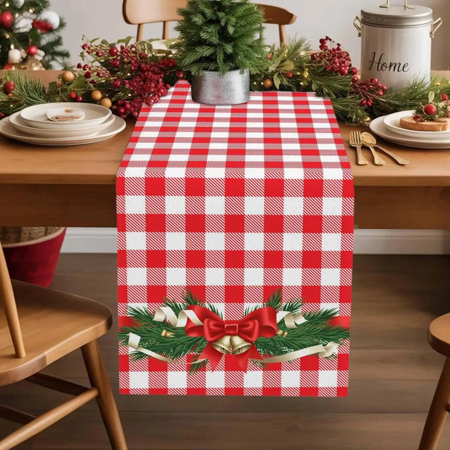 Christmas Pine Needles Bells Buffalo Plaid Table Runner Party Decor Reusable Winter Kitchen Table Runner Christmas Decorations