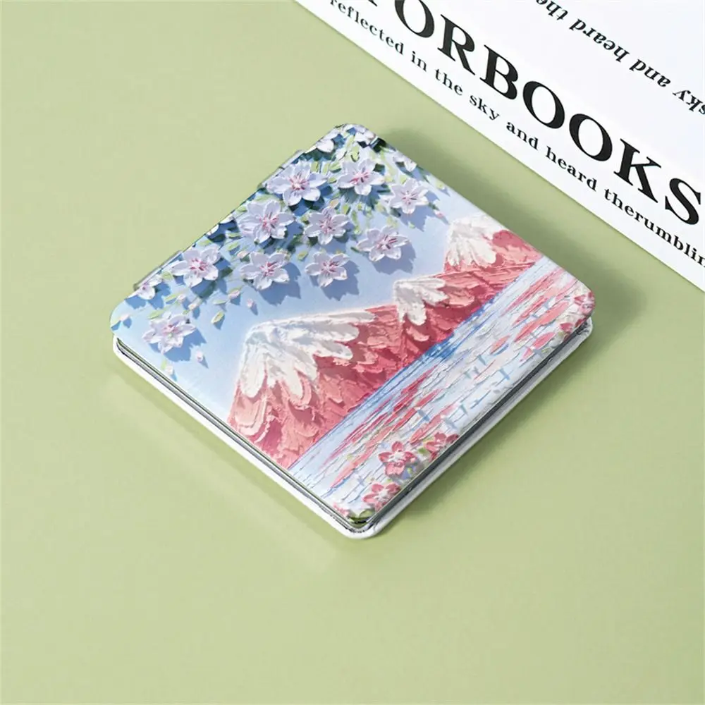 مرآة مكياج مربعة للجيب توليب على الوجهين، مرآة مكبرة لمستحضرات التجميل، لوحة زيتية، مرآة مدمجة قابلة للطي للفتيات والسيدات