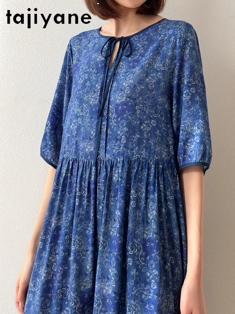 TAJIYANE 100% Real Mulberry Silk Dress Woman Summer 2025 New in Long Dresses Vacation Dark Blue Frocks Ladies Clothes Vestidos