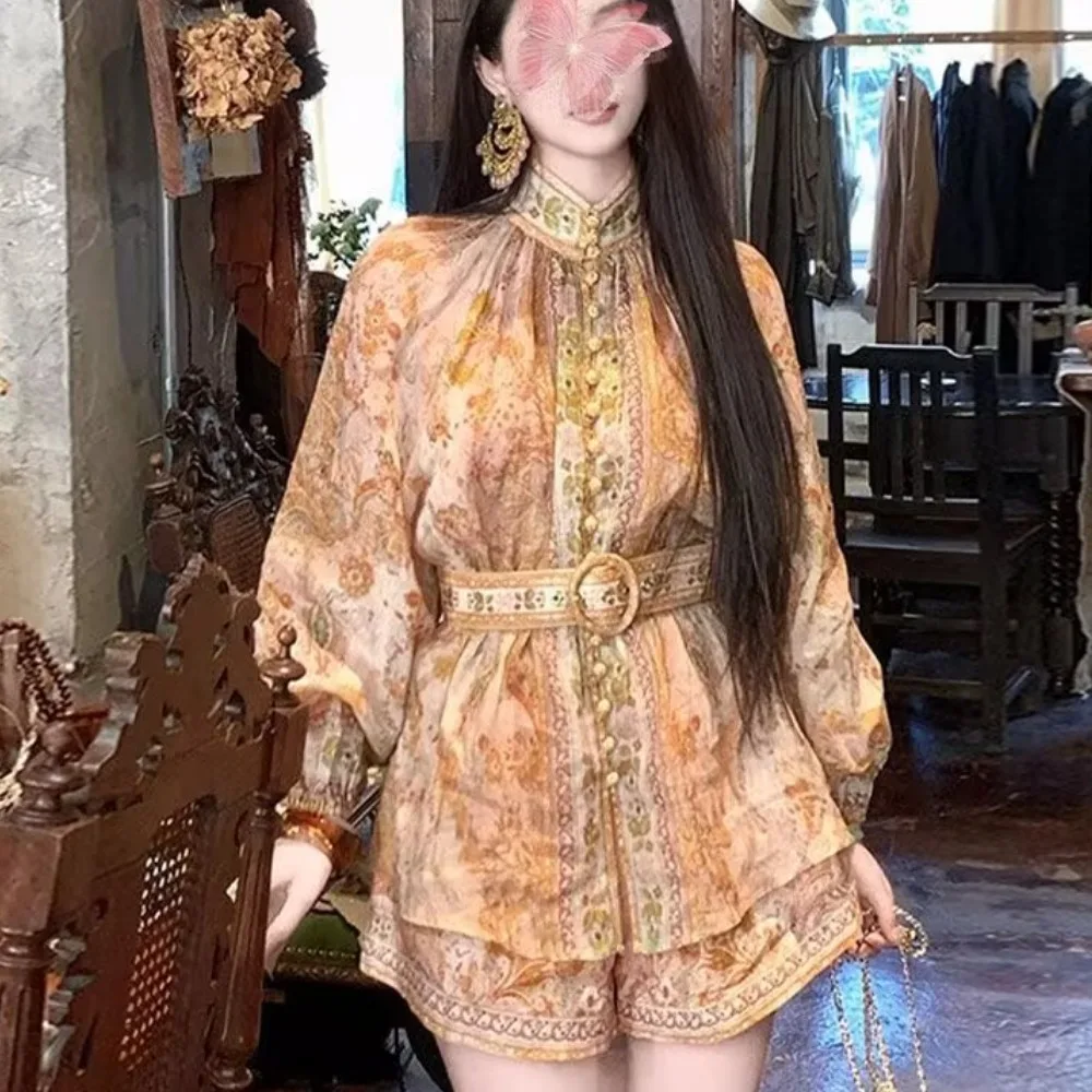 

2025 n Sle irt And orts Set Print Stand Collar Top Bot Matching Two Piece Ensemble for Women Spring Faion