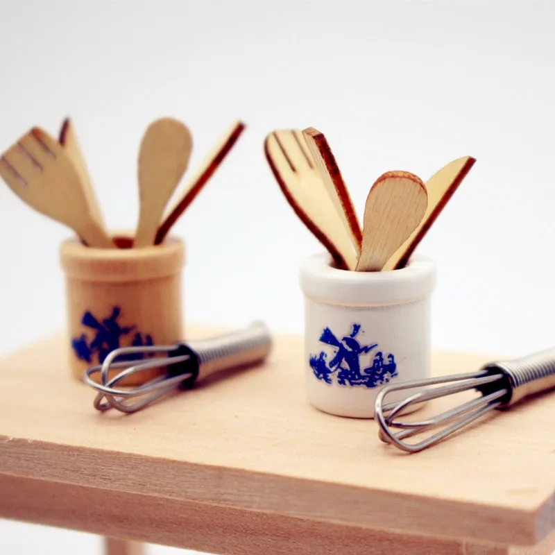 Dollhouse Tiny Wooden Kitchen Tools Spatula, Knife, Fork, Egg Beater & Jar Miniature Decor Model