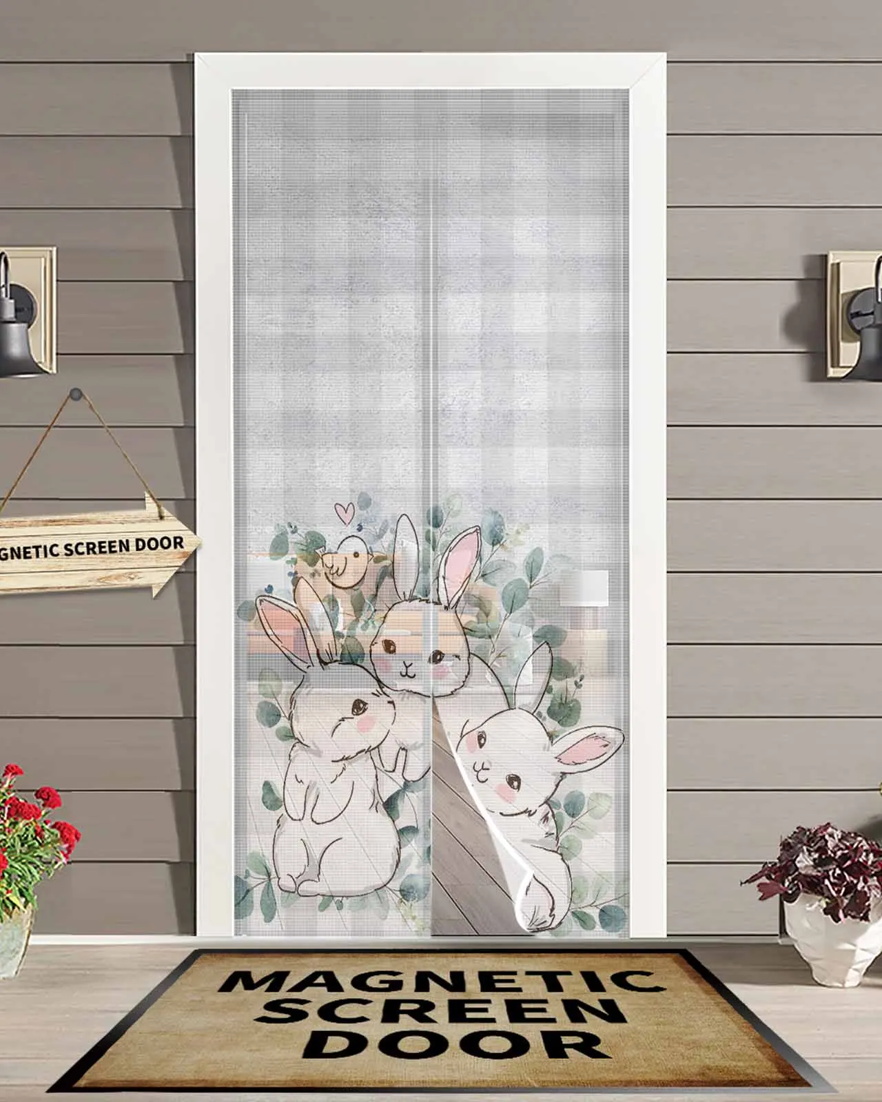 Easter Eucalyptus Leaves Rabbit Plaid Summer Magnetic Door Curtain Living Room Bedroom Home Anti-mosquito Screen Door Curtain