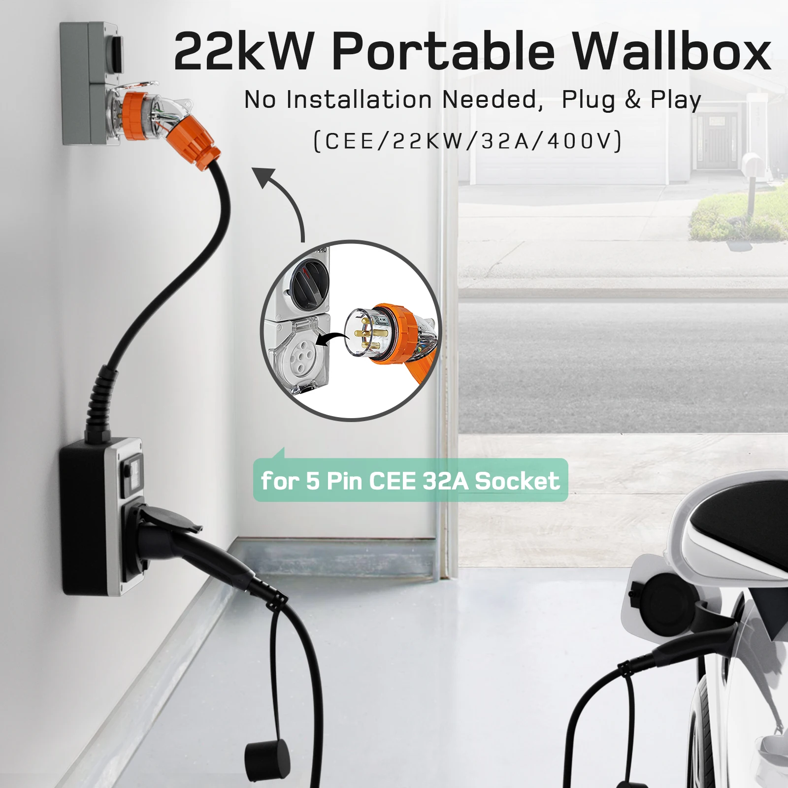 dé EV Charger Wallbox 22kW 32A 5pins 3 Phase EV Charging Station with CEE Plug to Type 2 Socket FRID Card and APP Contral