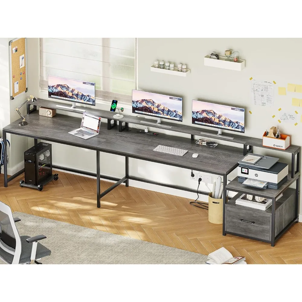 L-vormig bureau, 66-inch thuisbureau met opbergkast en stopcontact, hoekcomputerbureau met LED-verlichting