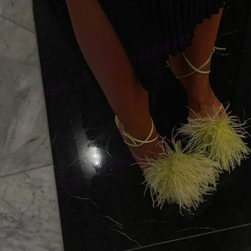 

Green Feather Decor Ankle Strap Sandals Open Toe Shoes for Women Thin High Heels Evening Party Shoes 2024 Zapatos Para Mujere