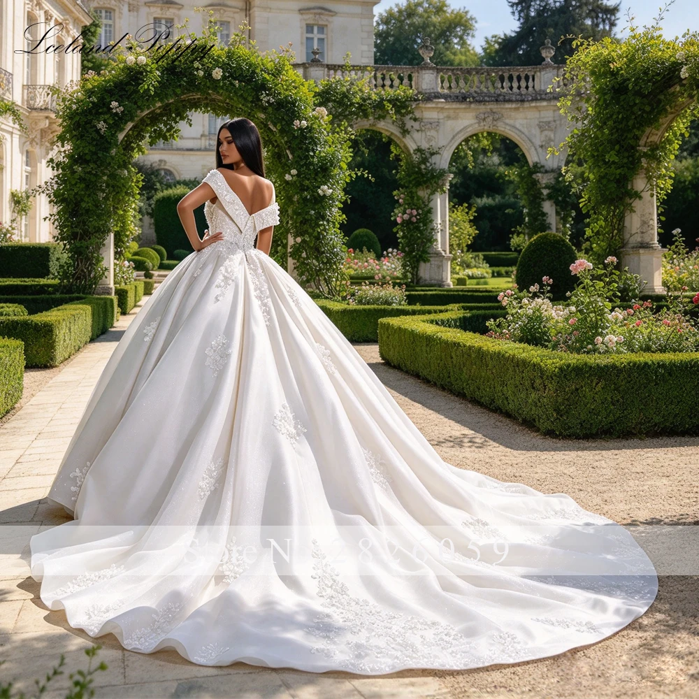 Lceland Poppy Customized Off the Shoulder Ball Gown Wedding Dresses Beaded Lace Appliques Bridal Gowns with Chapel Train