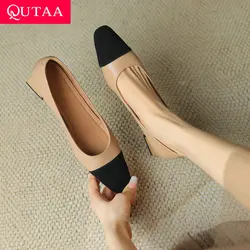 QUTAA 2024 Women Pumps Thick Med Heels Pointed Toe Basic Platform Shoes Woman Summer Office Lady Working Pumps Size 34-39