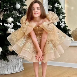 Champagne Flower Girl Dress For Wedding Glitter Shining With Bow Cute Baby Pageant Dress Princess First Communion Ball Gowns