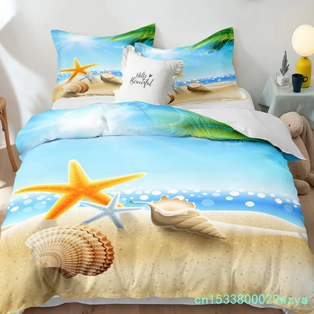 Beach Theme Duvet Cover Set Blue Ocean Bedding Set King Queen For Kids Girls Microfiber Seashell Starfish Print Comforter Cover
