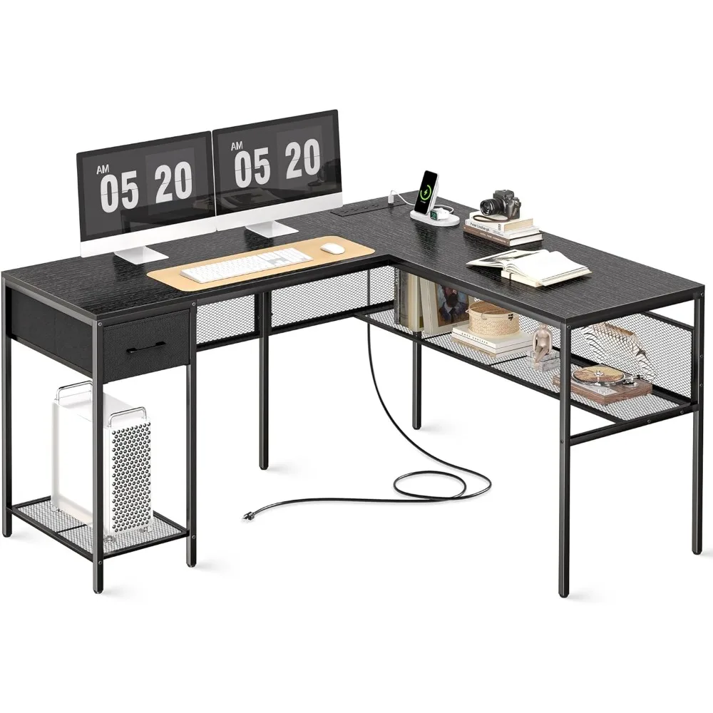 

L Shaped Desk with Power Outlets, Computer Desk with Drawer, Reversible Corner with Grid Storage Bookshelf, Black