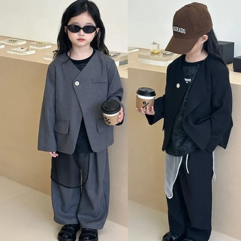 Girls Grey Suit Spring 2026 Casual Loose Blazer Skirt Two Pieces School Uniform for Kids Wedding Party Formal Costumes 2-13 Year