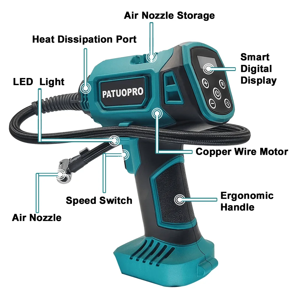 PATUOPRO 600mm Automatic Cordless Inflator Electric Air Pump Car Tire Handheld Air Compressor For Makita 18V Battery(No Battery)