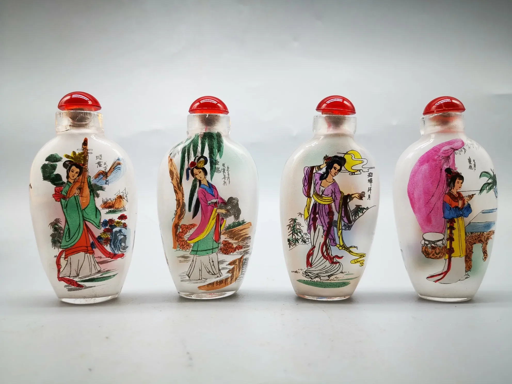 4PCS RARE CHINESE INSIDE HAND PAINTING GLASS The Four Beauties SNUFF BOTTLE