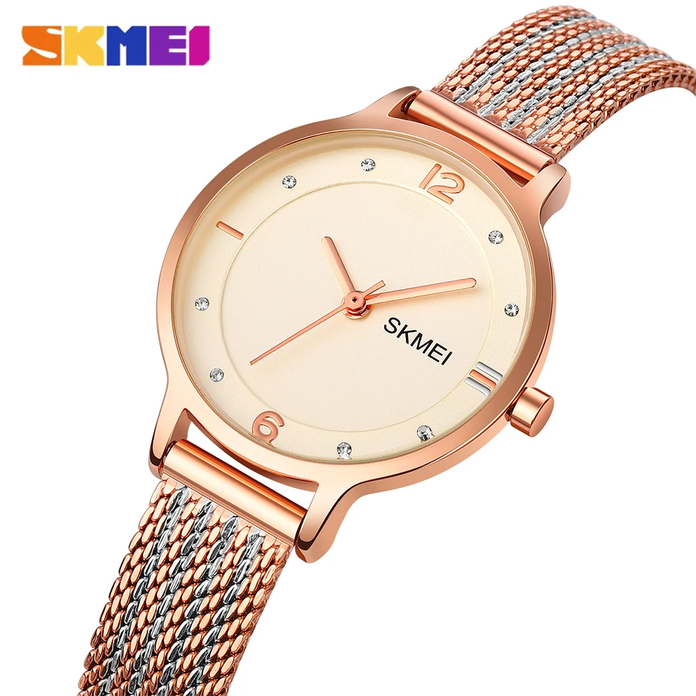 

SKMEI Elegant Bracelet Watches for Women Light Luxury Rhinestone Rose Gold Stainless Steel Quartz Watch Ladies Simple Wristwatch