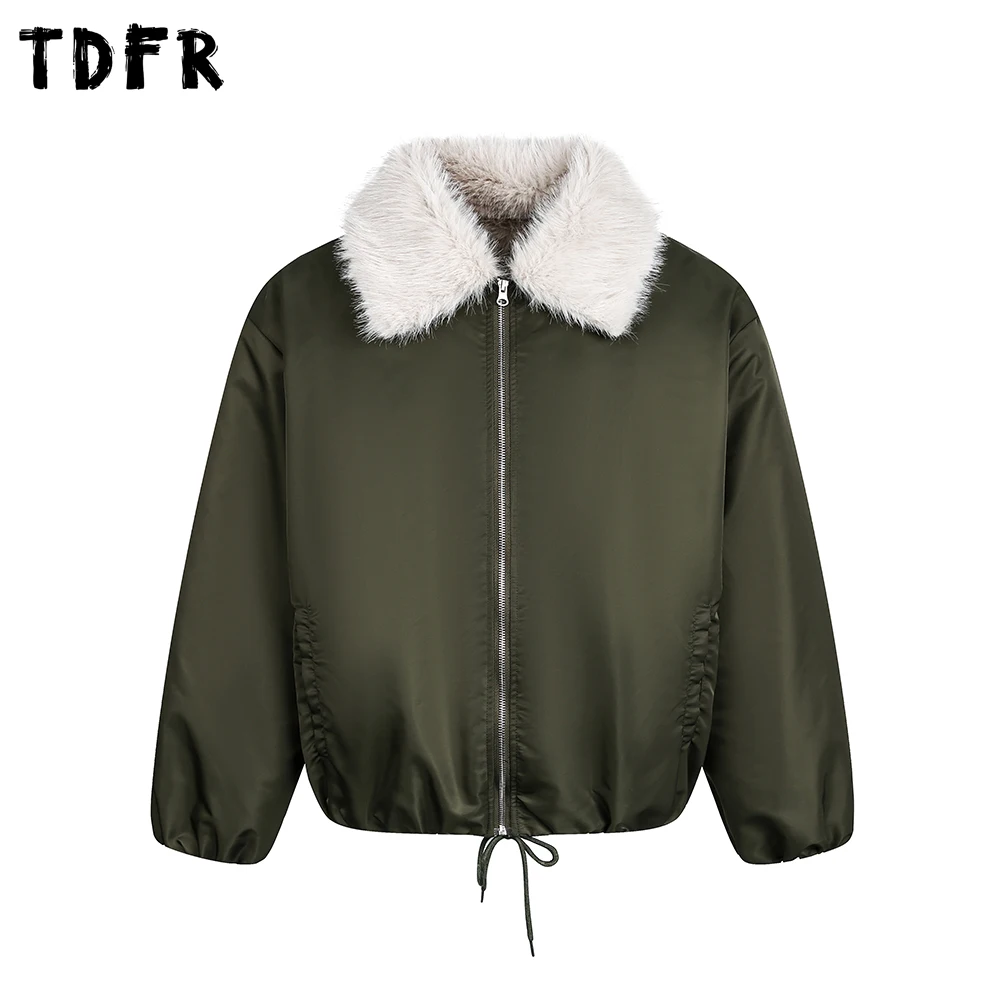 

Ретро меховой воротник-карго стеганая куртка мужская зимняя однотонная повседневная свободная стеганая куртка с лацканами и длинными рукавами на шнурке