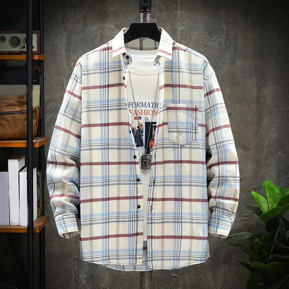 2025 Regular Cuff Men'S Plaid Shirt Men Fashion Casual Fashionable Square Printing Lightweight Breathable Long Roupas Masculinas
