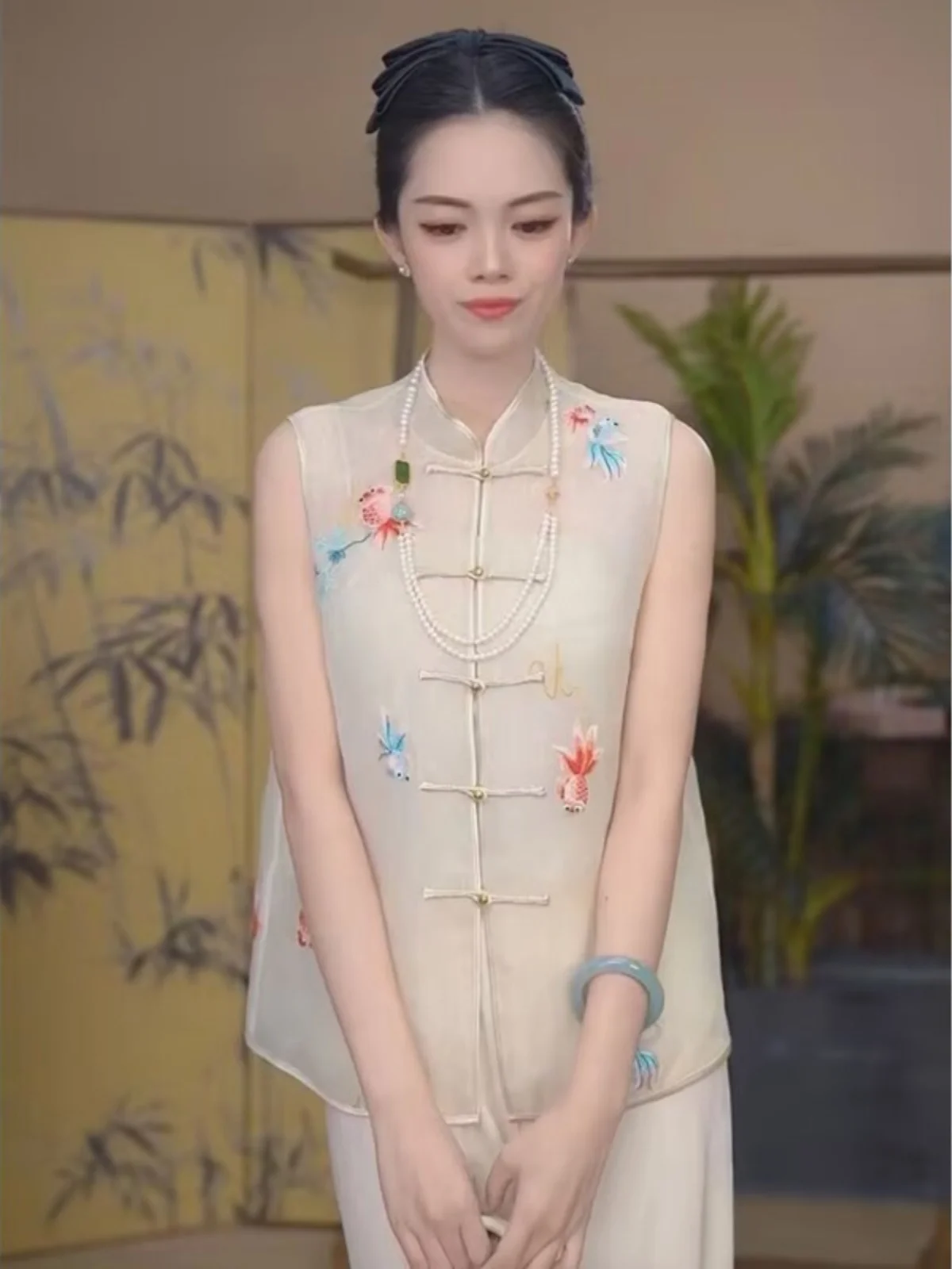 

Новый китайский Sle Goldfi вышивка улучшенный костюм Тан жилет женский ретро воротник-стойка на пуговицах универсальный жилет