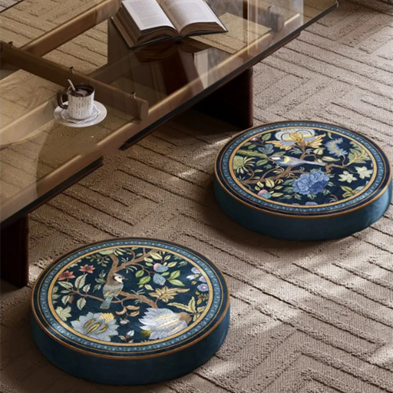 Vintage Velvet Round Floor Cushion Retro Bird Floral Print Thick Pouf Seat Pad Soft Tatami Meditation Pillow for Living Room